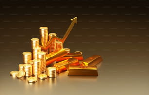 Barras de ouro comprando e vendendo barras de ouro, gráficos de seta para cima e pilha de moedas de ouro, crescimento do mercado de ouro e investimento. Ilustração de renderização 3D.