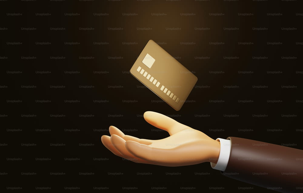 Closeup golden credit card floating on the hand of a businessman dark brown background. The best offers for premium customers from banks. 3D render illustration.