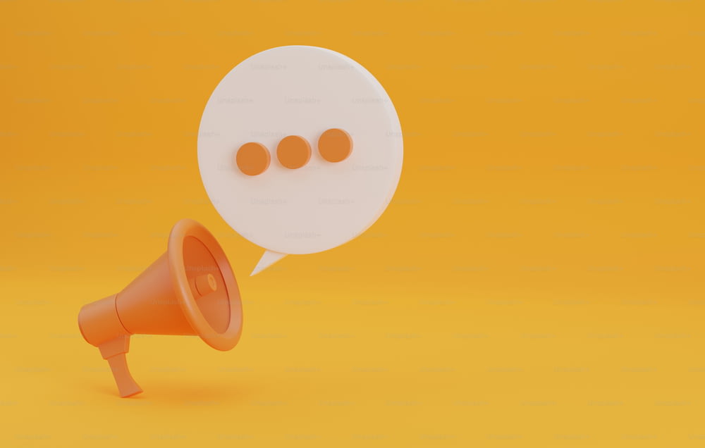 Megafono arancione con bolla di chat isolata su sfondo giallo. Pubblicità promozionale. Illustrazione di rendering 3D.
