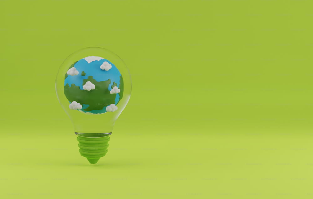 Planet earth in light bulb on green background. Clean energy use and conserve the environment, reduce global warming. 3D render illustration.