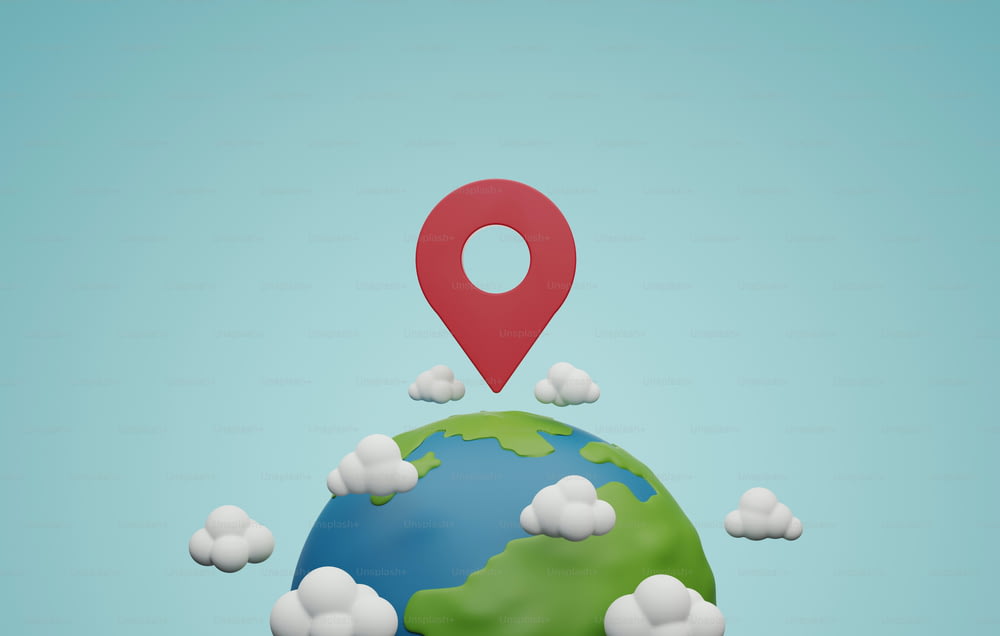 Gran alfiler rojo en el planeta tierra y nubes sobre fondo azul. La ubicación señala el símbolo que viaja a lugares del mundo con GPS. Ilustración de renderizado 3D.
