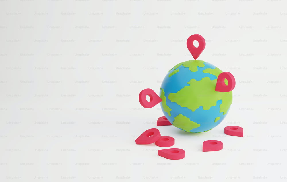 Grande épingle rouge sur la planète Terre et nuages sur fond bleu. L’emplacement localise le symbole voyageant dans des endroits du monde avec GPS. Illustration de rendu 3D.