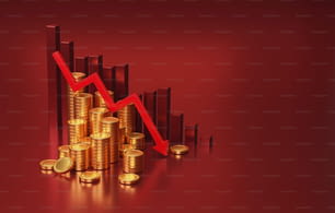 Seta vermelha apontando para baixo com gráfico de barras em declínio e moeda no fundo vermelho tendência de queda na recessão do investimento crise financeira inflação. Ilustração de renderização 3D