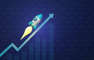 Wachstumsbalken und Rakete mit Aufwärtspfeil auf dunkelblauem Hintergrund. Schnelles Wirtschaftswachstum, Geschäftserfolg, Strategie, Investition. 3D-Render-Illustration.
