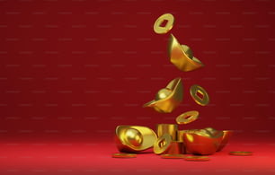 Gold ingots and ancient Chinese gold coins falling on the red background to celebrate the chinese new year festival. 3D render illustration