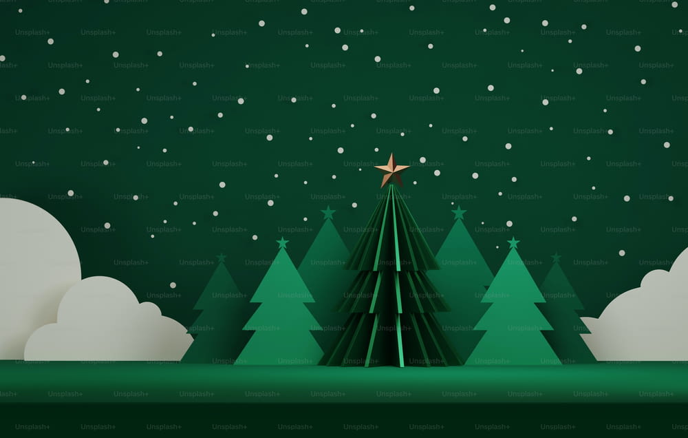 Árbol de Navidad y copo de nieve para Navidad y Año Nuevo fondo verde abstracto. Área de exposición que muestra la presentación de productos y publicidad. Ilustración de renderizado 3D