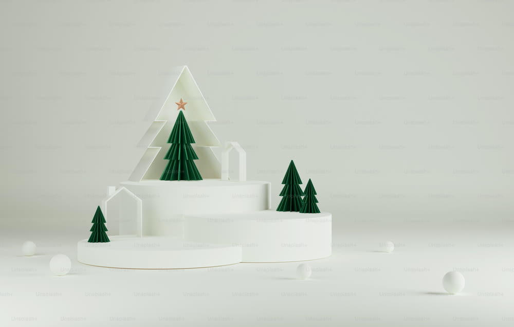 Podium sapin de Noël avec Noël élégant et Nouvel An sur fond blanc. Studio abstrait pour l’affichage de produits et de publicités. Illustration de rendu 3D