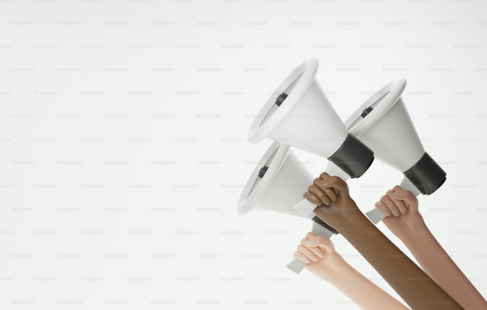 Des personnes multiethniques tiennent des mégaphones luttant pour l’égalité contre le racisme Protestation contre la discrimination. Illustration de rendu 3D.