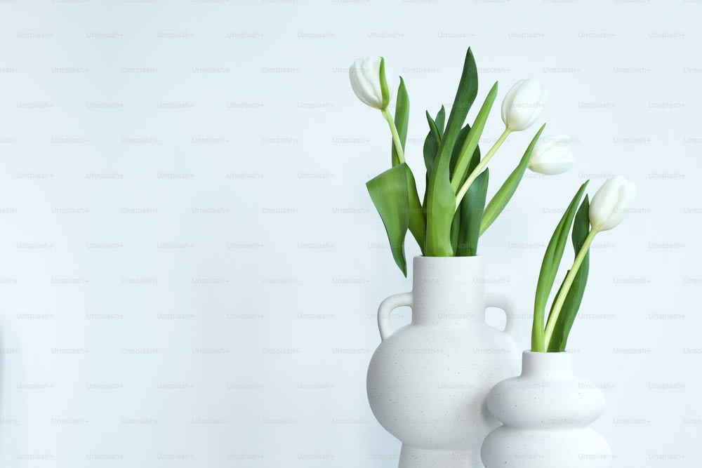 un paio di vasi bianchi con fiori in essi