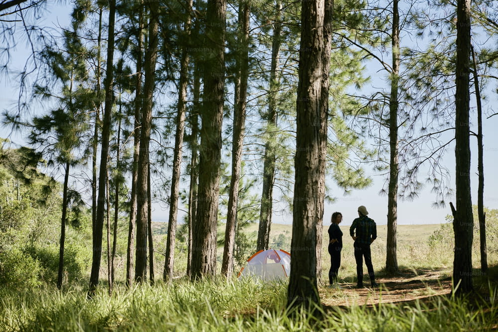 Ein paar Leute, die neben einem Zelt in einem Wald stehen