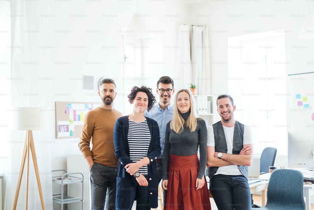 A portrait of group of young businesspeople standing in a modern office, looking at camera.