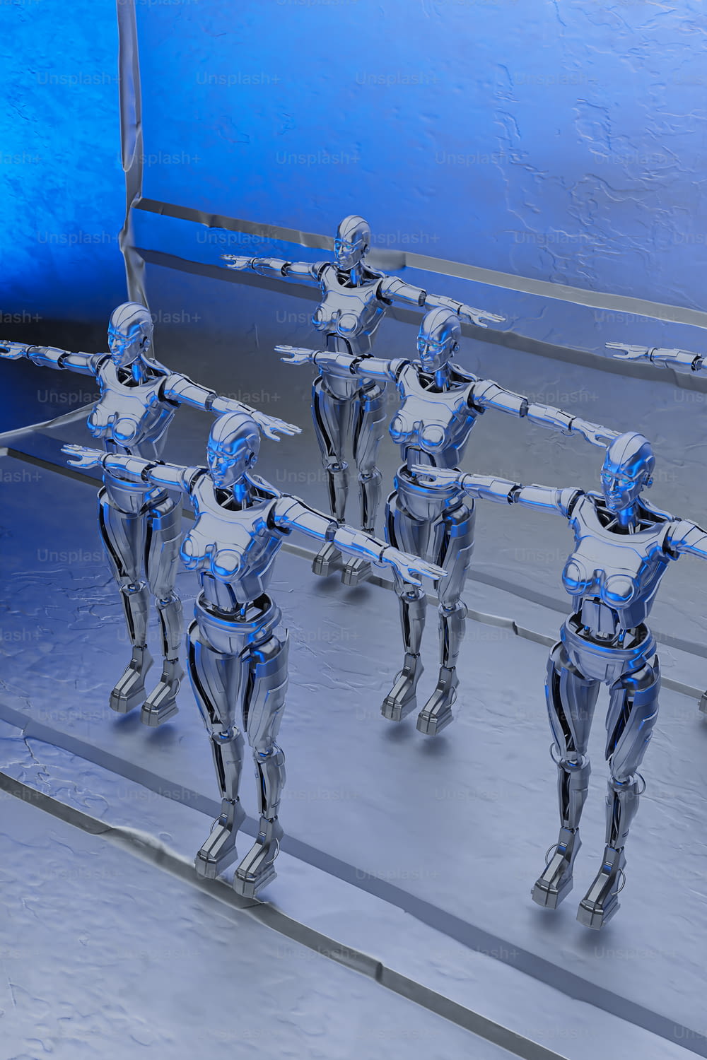 Un grupo de figuras de robots de pie una al lado de la otra