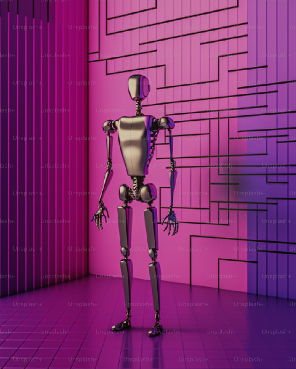 ピンクと紫の壁の前に立つロボット