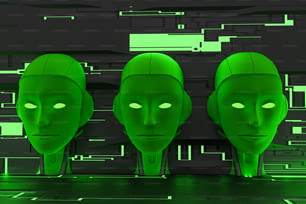 three green alien heads with glowing green eyes