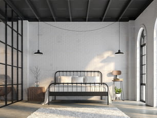 Chambre loft industriel 3D rendu, Il y a un mur de briques blanches, un sol en béton poli et un plafond en bois noir. Meublé avec un lit en acier noir, il y a des fenêtres en forme d’arc la lumière du soleil qui brille dans la chambre.