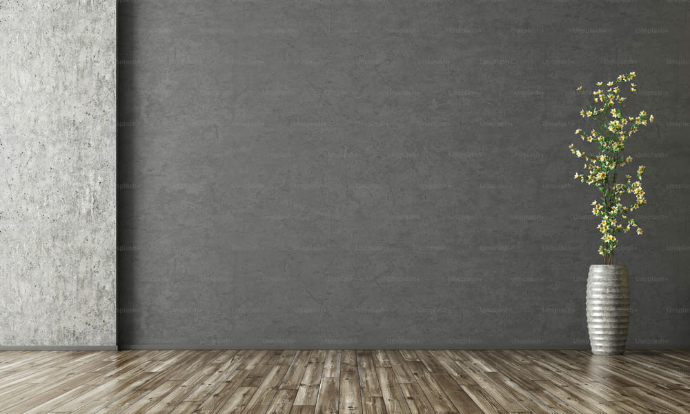 Fundo interior da sala vazia, parede de estuque preto, vaso com renderização 3d branch