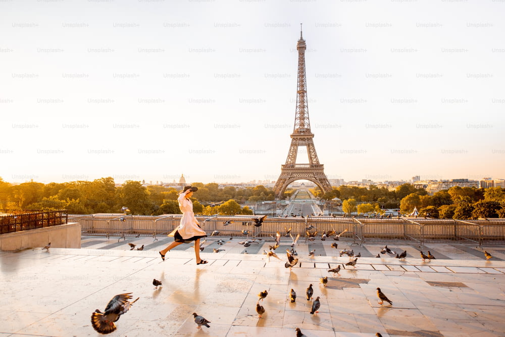 파리의 이른 아침 에펠탑에서 멋진 전망을 감상하며 유명한 광장에서 비둘기를 흩뿌리는 여자