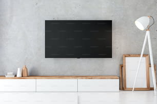 Smart Tv Mockup with blank screen hanging on the concrete wall in modern interior. 3d rendering
