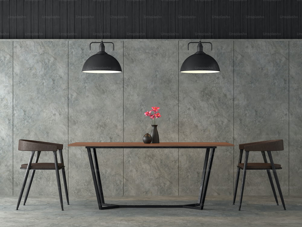 Modern loft dining room 3d render,There are polished concrete wall and floor,Furnished with black steel and wood furniture,Decorate with industrial style lamp.