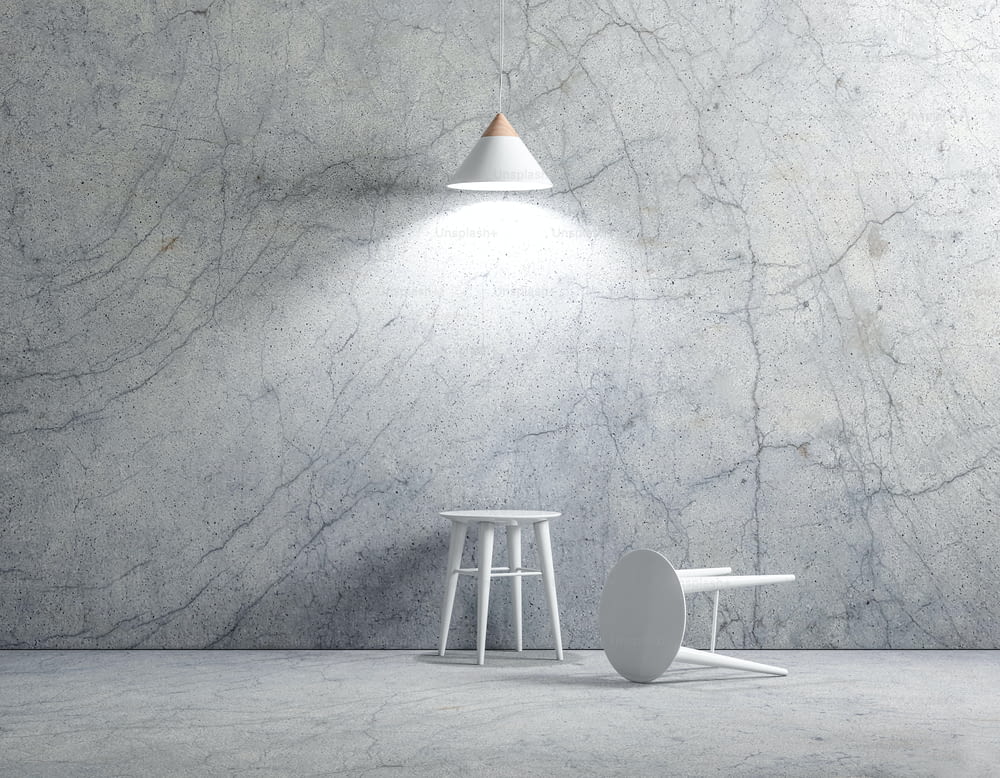Two white Chairs in empty concrete room with lamp, 3d rendering
