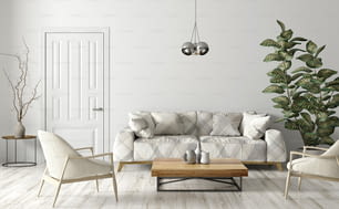 Moderne Innenarchitektur des Wohnzimmers mit Sofa, beige Sesseln, hölzernen Couchtisch, Tür gegen weiße Wand 3D-Rendering