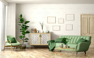 Interni moderni del soggiorno con divano verde e poltrona, porta e armadio in legno, rendering 3d di home design