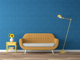 Render 3d colorato soggiorno, ci sono pavimento in legno, muro di mattoni vuoto blu navy, decorare con divano in tessuto giallo