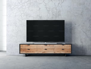 Smart Tv mockup standing on the modern furniture in living room, 3d rendering