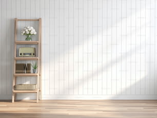 Habitación vacía de estilo vintage render 3d, hay piso de madera, pared de tablones de madera blanca. Decorado con estantes de madera, el sol brilla en la habitación.
