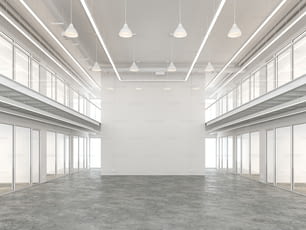 Empty loft style commercial space interior 3d render with white color and polished concrete floor.