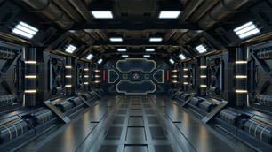 Science-Fiction Innenraum Science-Fiction Raumschiff Korridore gelb, 3D-Rendering