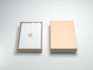 Cardboard Box Mockup with white wrapping paper and sticker, opened light background, 3d rendering