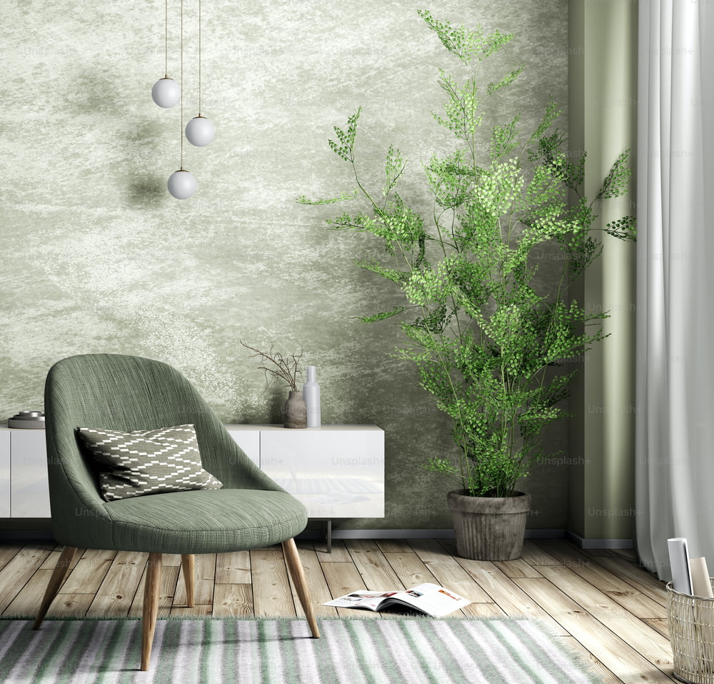 Interior of living room with green armchair and white cabinet against stucco wall, home design 3d rendering