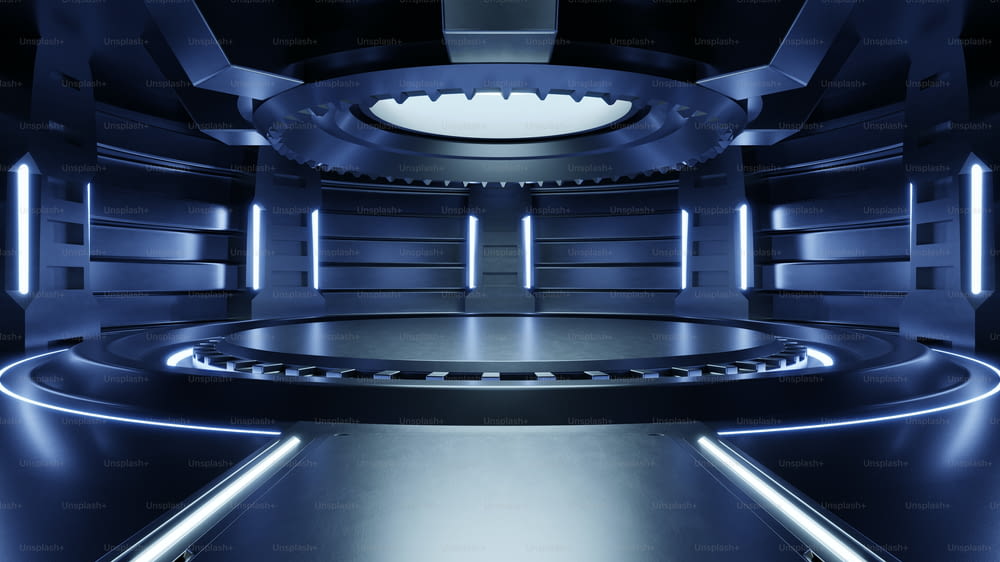 Stanza studio blu chiaro vuota sala grande futuristica Sci Fi con luci blu, sfondo futuro per il design, rendering 3d