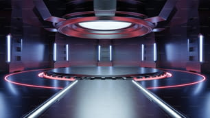 Empty light red studio room futuristic Sci Fi big hall room with lights red, Future background for design,3d rendering