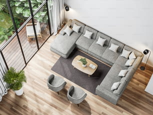 Vue de dessus du salon moderne avec vue sur le jardin de style tropical 3D rendu, les chambres ont des planchers en bois, décorent avec un canapé en tissu gris, donne sur la terrasse en bois et le jardin verdoyant.