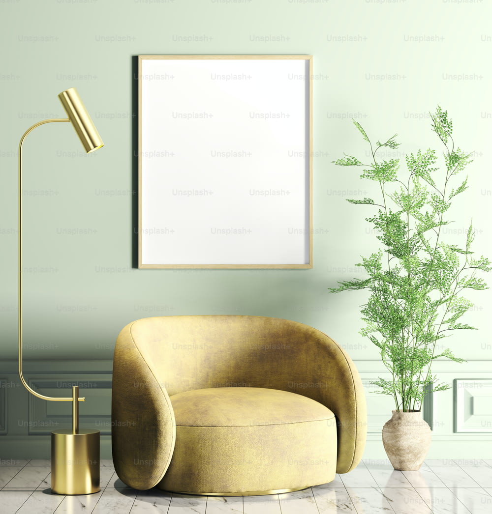 Interior with yellow armchair in modern living room with green wall and mockup poster, floor lamp on the marble tiled floor, home design 3d rendering