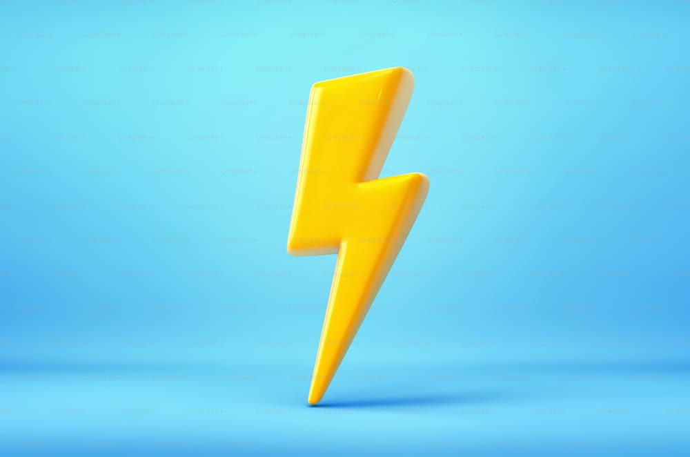 Rayo amarillo, relámpago sobre fondo azul. Símbolo de energía y poder. Renderizado 3D