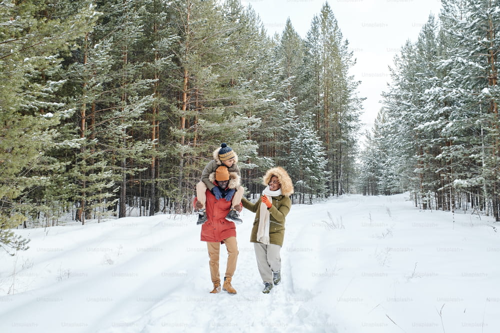 Happy African American man, his wife and son having stroll in fresh air on frosty winter day among coniferous trees covered with snow