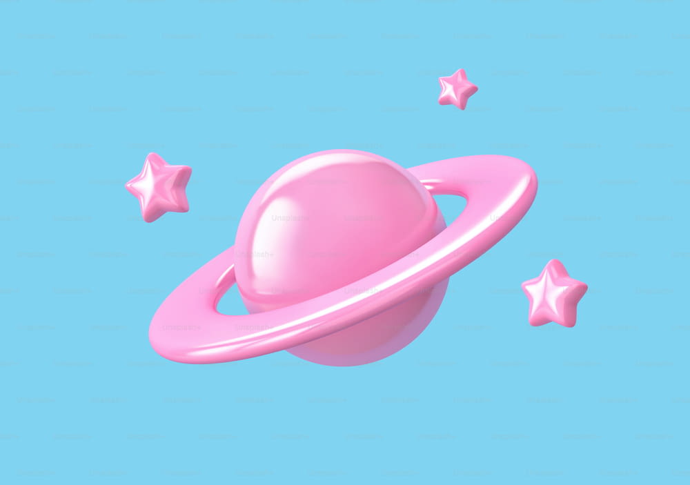 Pink planet with ring around and stars isolated on blue background. 3D rendering with clipping path