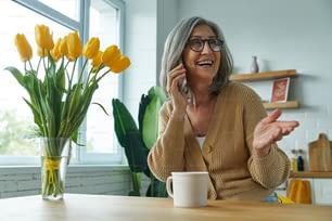 집에서 휴식을 취하는 동안 휴대전화로 이야기하고 몸짓을 하는 행복한 노인 여성
