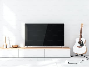 Modern Smart Tv Mockup with blank black screen standing on console, modern living room with acoustic guitar. 3d rendering