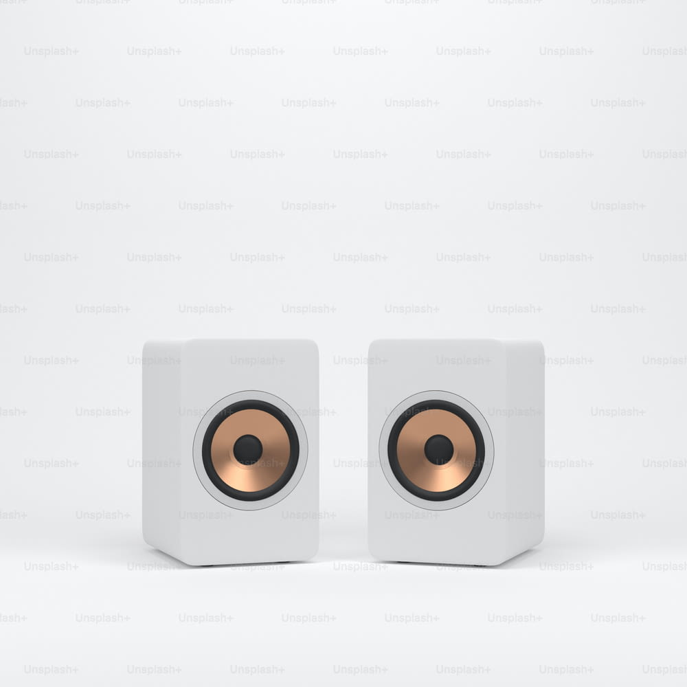 Two wooden white speakers with golden speaker driver. 3d rendering