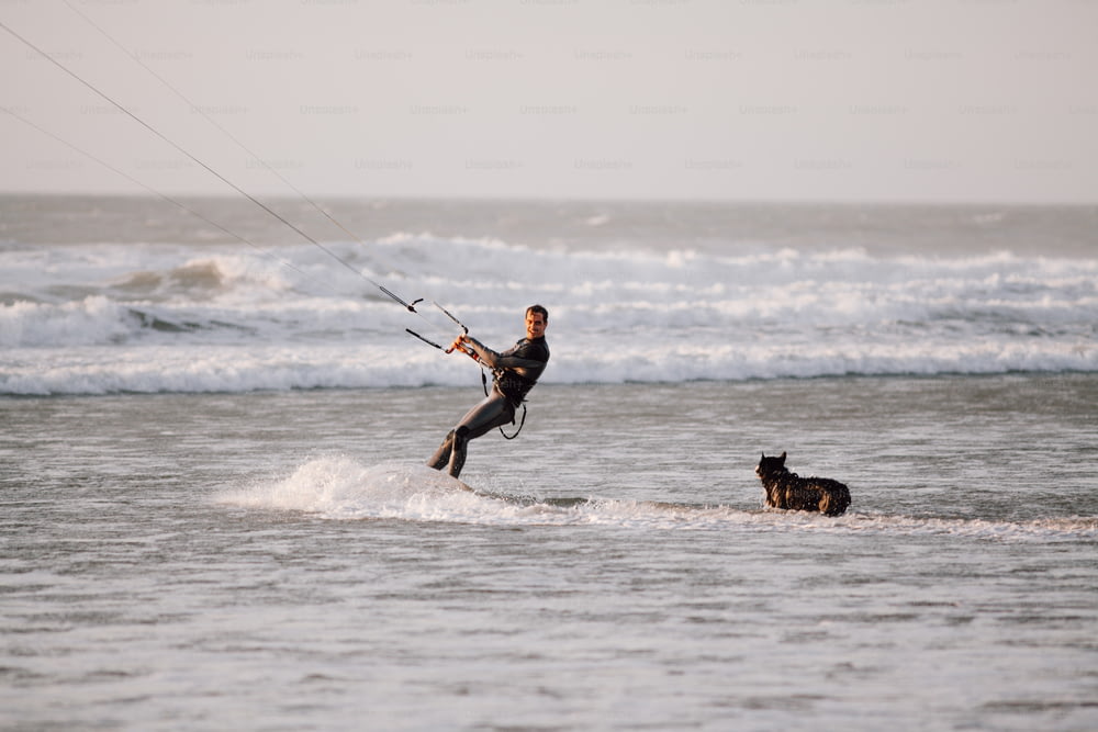 Un uomo para vela con un cane nell'oceano