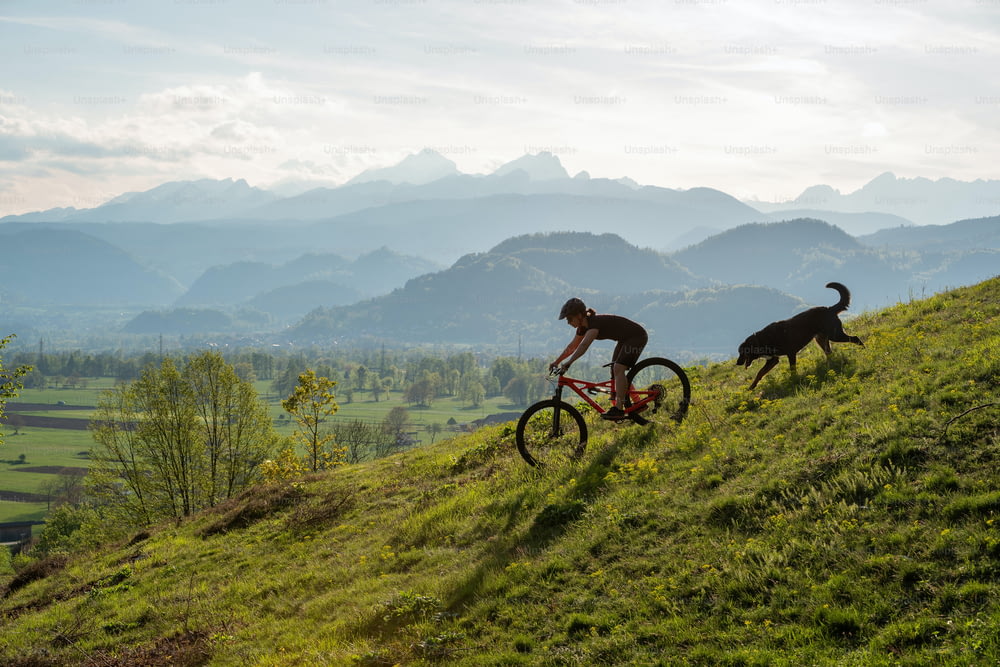 a man riding a bike next to a dog on a lush green hillside