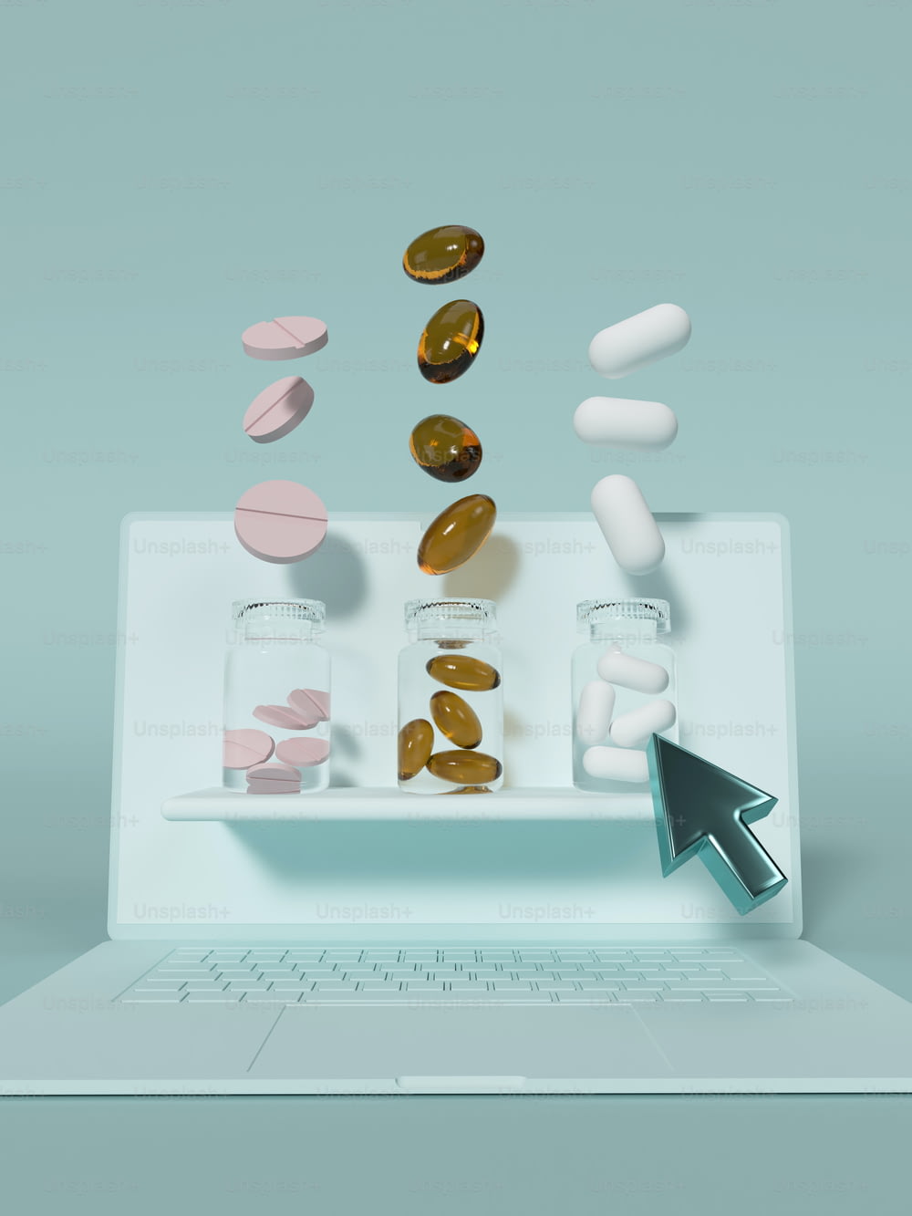 a laptop with pills coming out of it