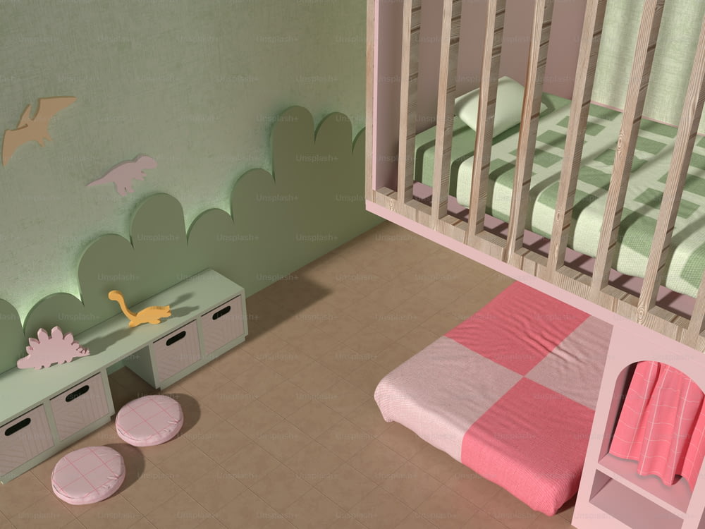 ベビーベッド、ドレッサー、ベッドを備えた子供部屋