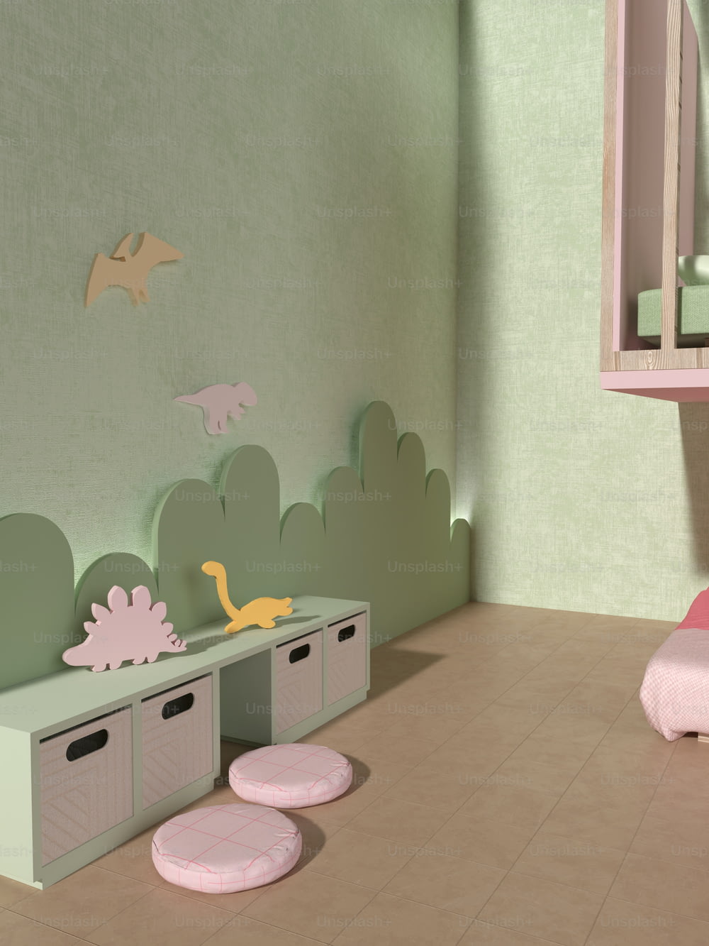 a child's room with pink furniture and green walls