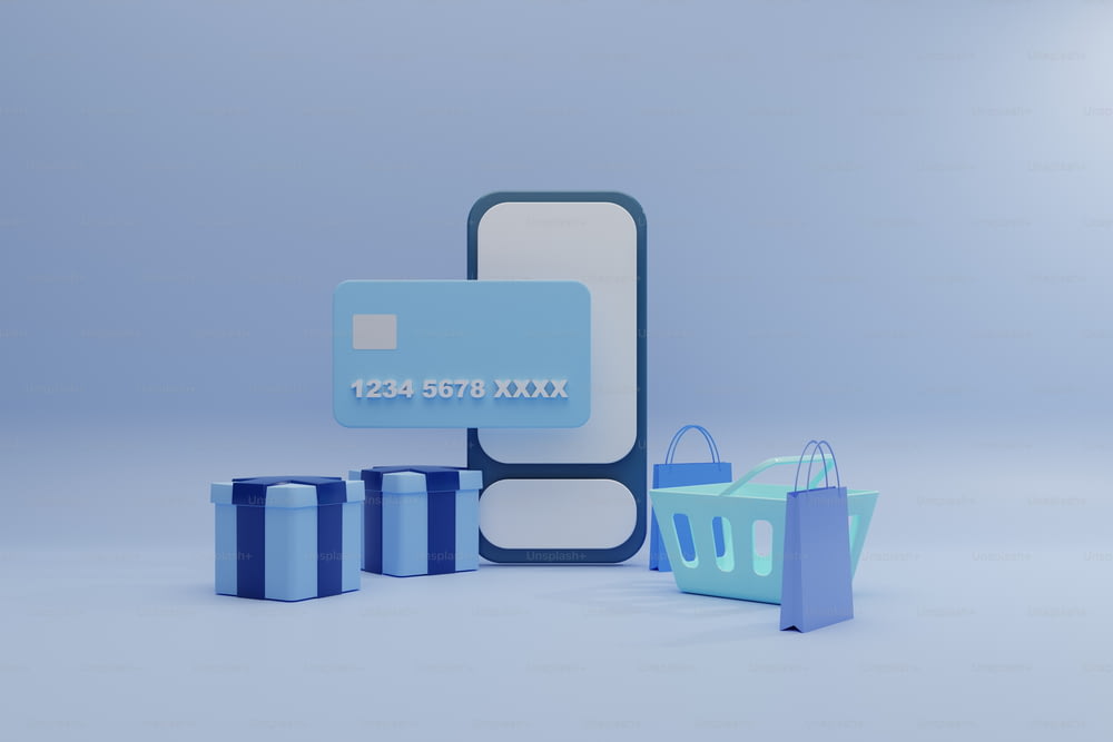 a blue credit card next to blue gift boxes