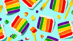 Un primer plano de un pastel con glaseado de arco iris